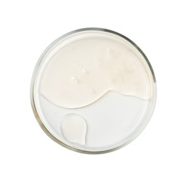 Petri dish with color liquid sample on white background, top view