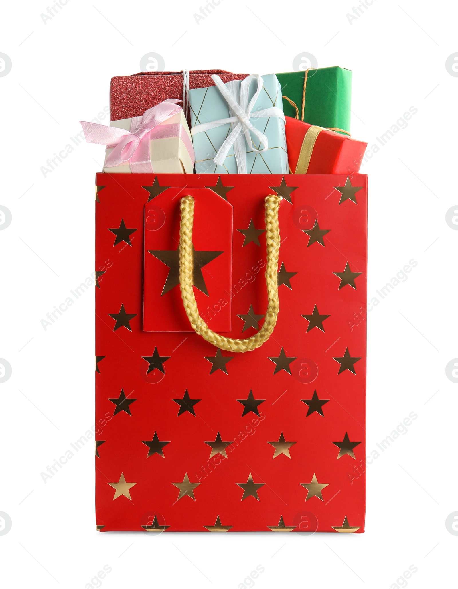 Photo of Shopping paper bag with presents isolated on white