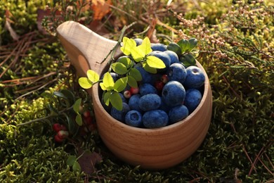 Photo of Wooden mug full of fresh ripe blueberries and lingonberries on green grass, closeup