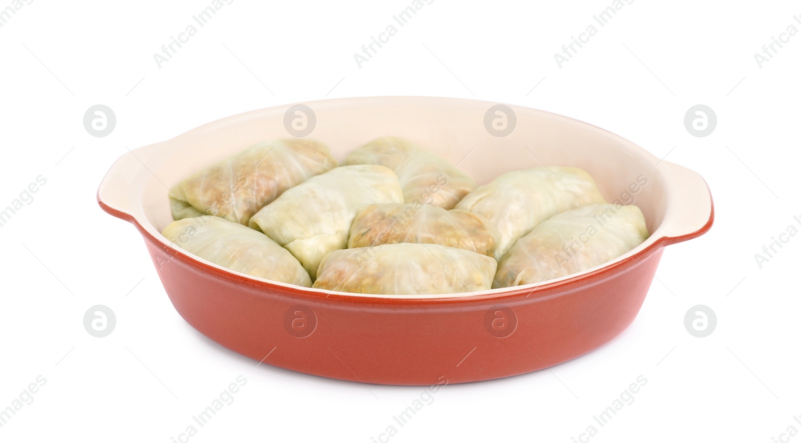 Photo of Stuffed cabbage rolls in baking dish isolated on white