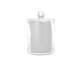 Photo of Cotton pads in plastic jar on white background