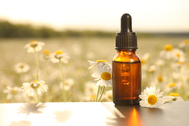 Photo of Bottle of chamomile essential oil on table in field. Space for text