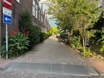 City street with beautiful buildings, plants and bicycles