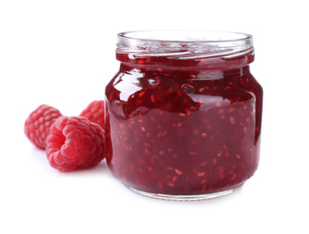 Delicious jam and fresh raspberries isolated on white