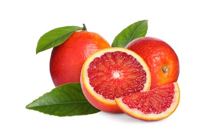 Image of Delicious ripe red oranges on white background