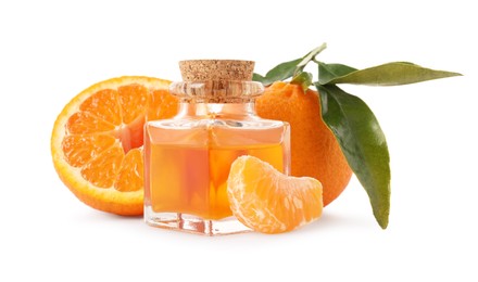 Photo of Aromatic tangerine essential oil in bottle and citrus fruits isolated on white