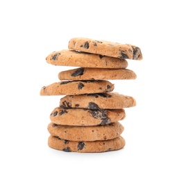 Stack of tasty chocolate chip cookies on white background