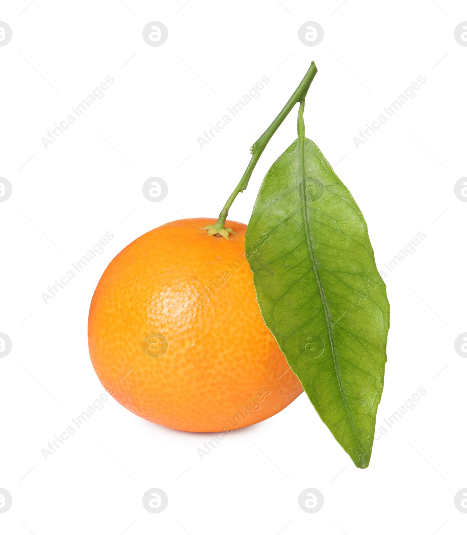 Photo of Fresh ripe juicy tangerine with green leaf isolated on white