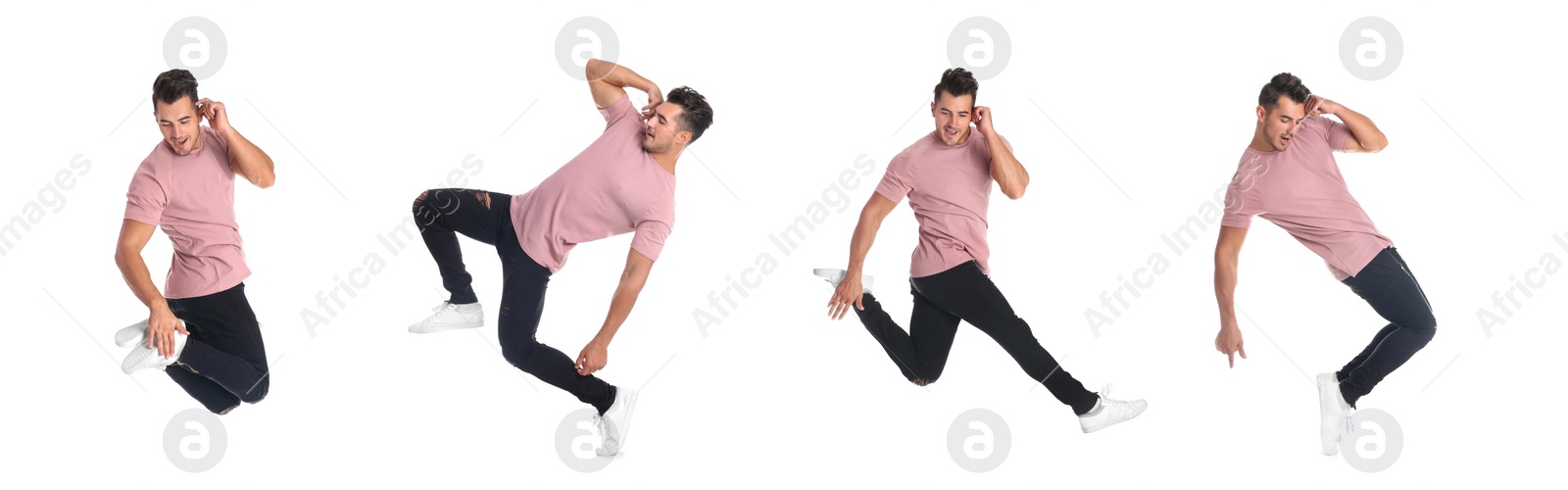 Image of Collage with photos of man in fashion clothes jumping on white background. Banner design