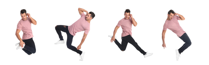 Image of Collage with photos of man in fashion clothes jumping on white background. Banner design