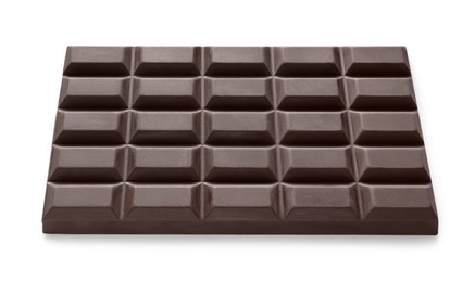Photo of Delicious dark chocolate bar isolated on white