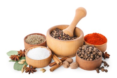 Mortar with pestle and different spices on white background