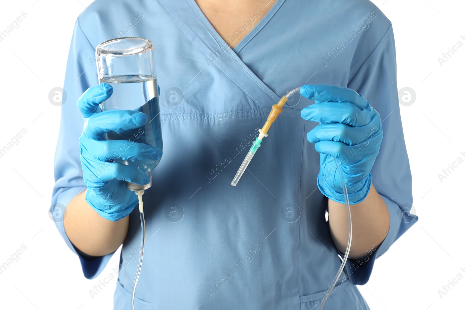 Photo of Nurse with IV infusion set on white background, closeup