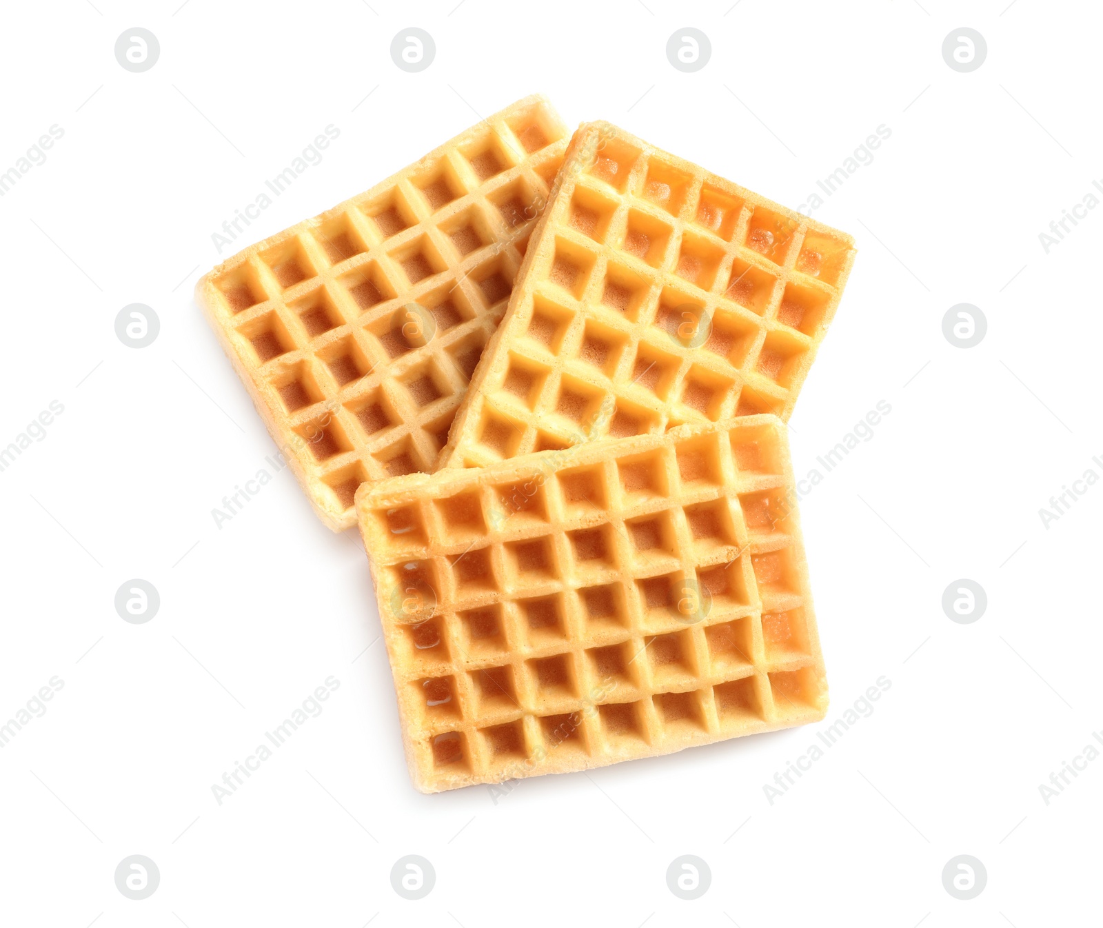 Photo of Delicious waffles for breakfast on white background, top view