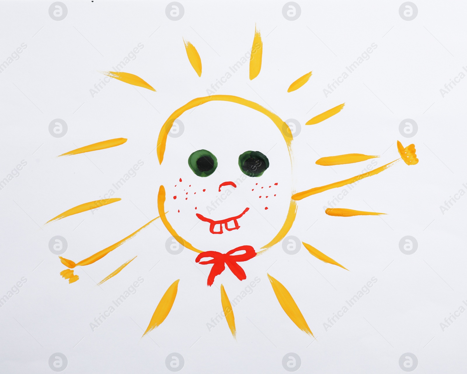 Photo of Colorful children painting of beautiful sun on white background