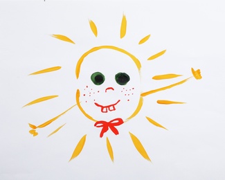 Photo of Colorful children painting of beautiful sun on white background