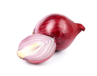 Photo of Fresh whole and cut red onions on white background