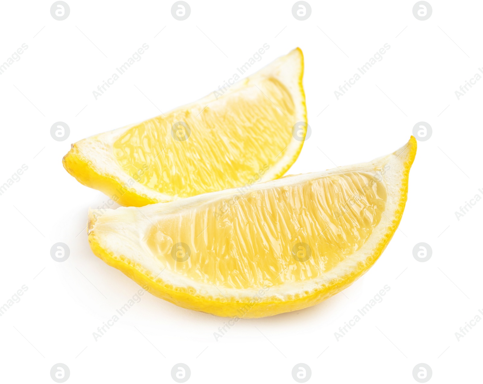 Photo of Slices of ripe lemon on white background