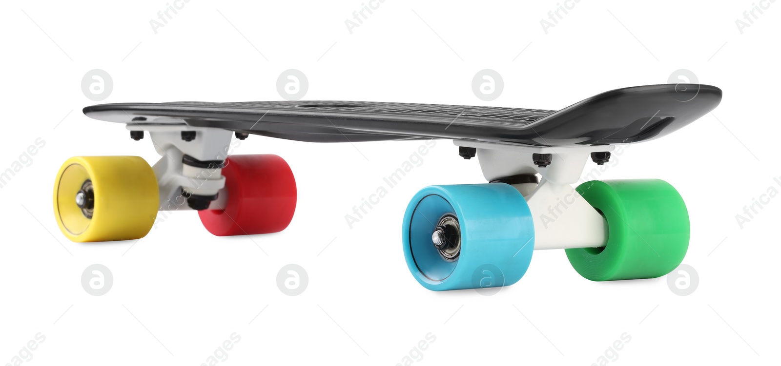 Photo of Black skateboard with colorful wheels isolated on white. Sports equipment