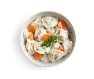 Photo of Bowl of tasty dumplings in broth isolated on white, top view