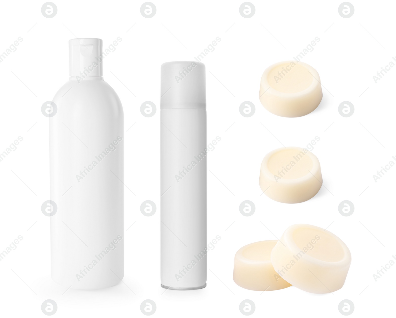 Image of Set with different kinds of shampoo: ordinary, dry and solid on white background