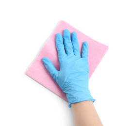 Photo of Woman in blue rubber gloves with rag on white background, top view