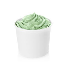 Cup with tasty frozen yogurt on white background