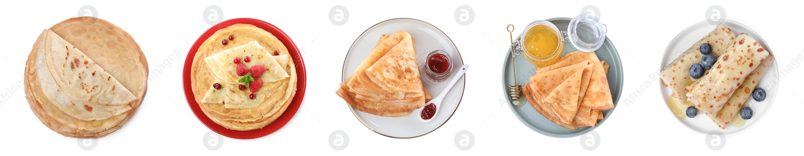 Image of Set of delicious crepes with berries, jam and honey on white background. Banner design