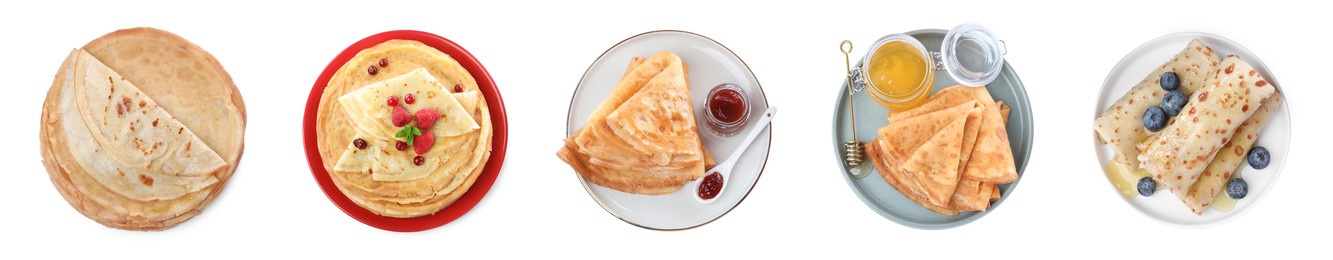 Image of Set of delicious crepes with berries, jam and honey on white background. Banner design