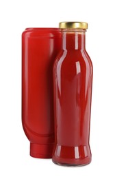 Photo of Different bottles of ketchup on white background