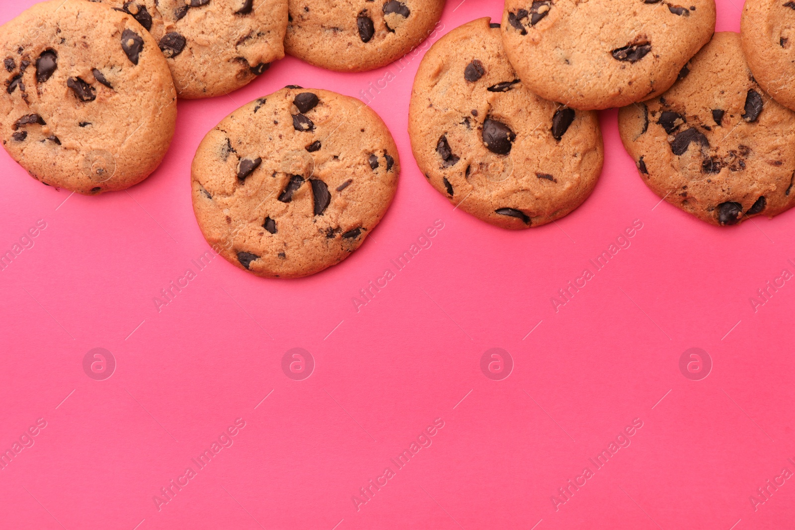 Photo of Many delicious chocolate chip cookies on pink background, flat lay. Space for text