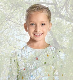 Double exposure of happy little girl and green tree