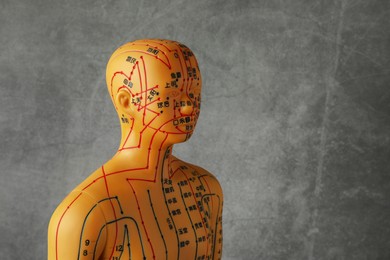Photo of Acupuncture model. Mannequin with dots and lines on dark grey background, space for text