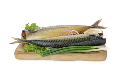 Delicious smoked mackerels and products on white background