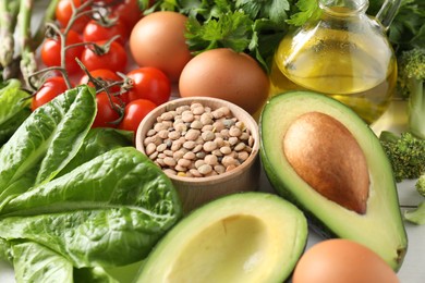 Many different healthy food on table, closeup