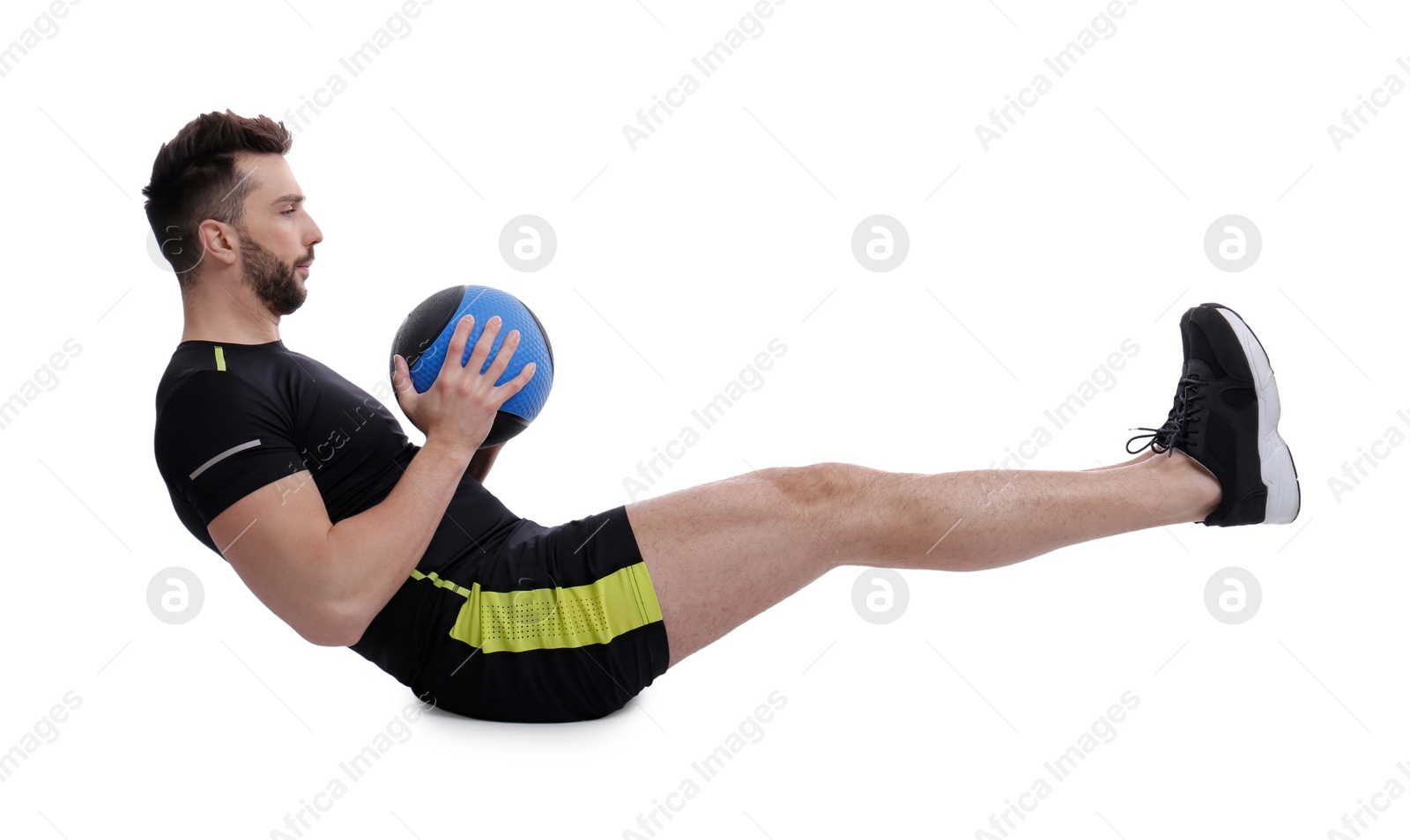 Photo of Athletic man doing exercise with medicine ball isolated on white