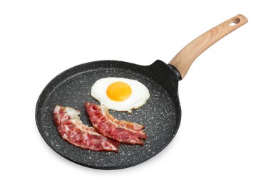 Photo of Frying pan with delicious fried egg and bacon isolated on white