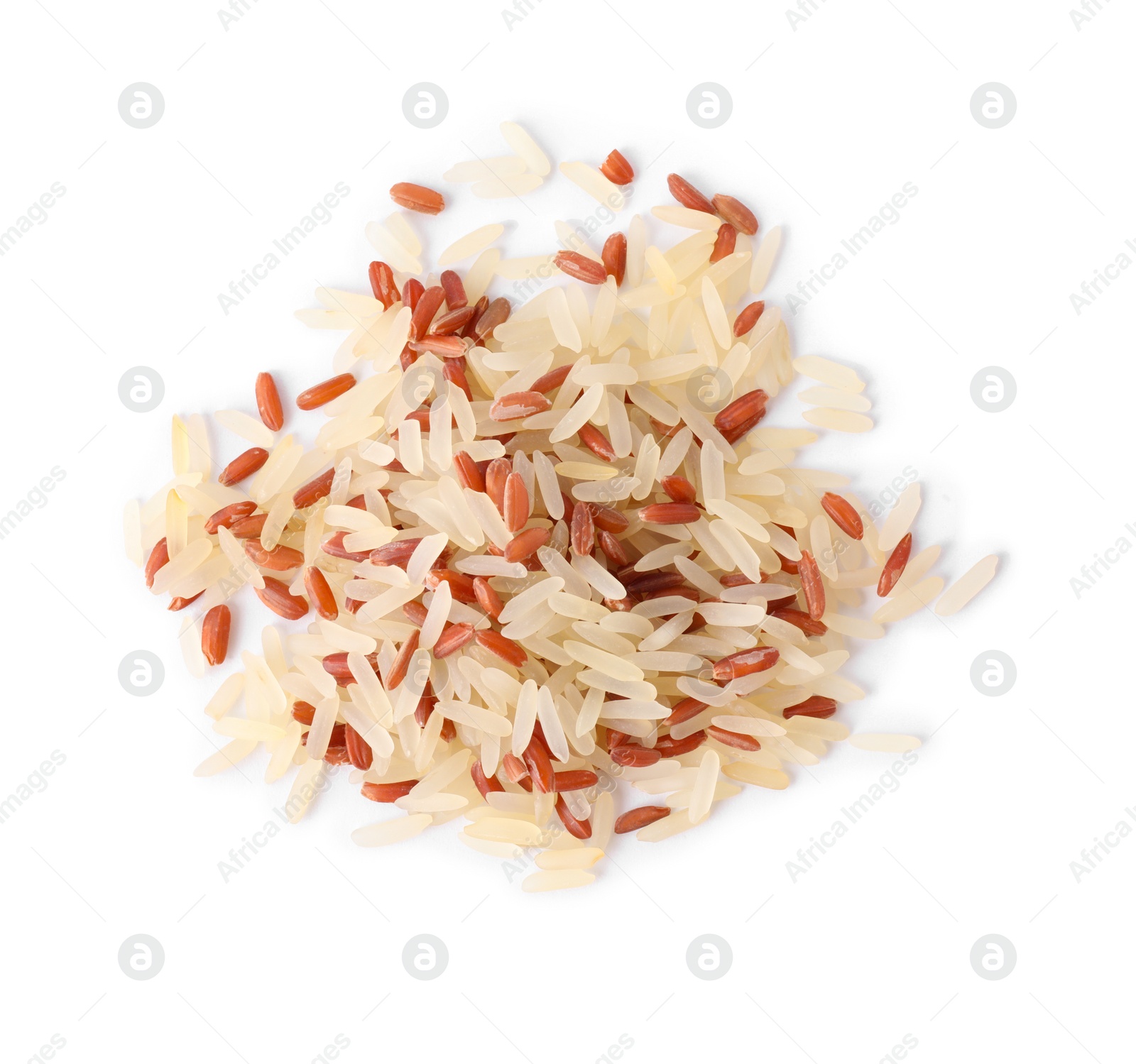 Photo of Mix of brown and polished rice isolated on white, top view