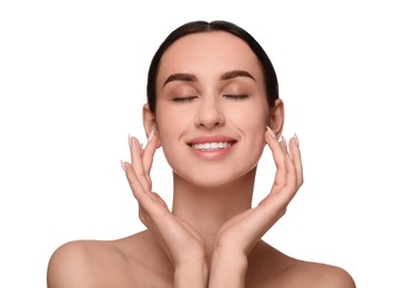 Portrait of beautiful young woman on white background