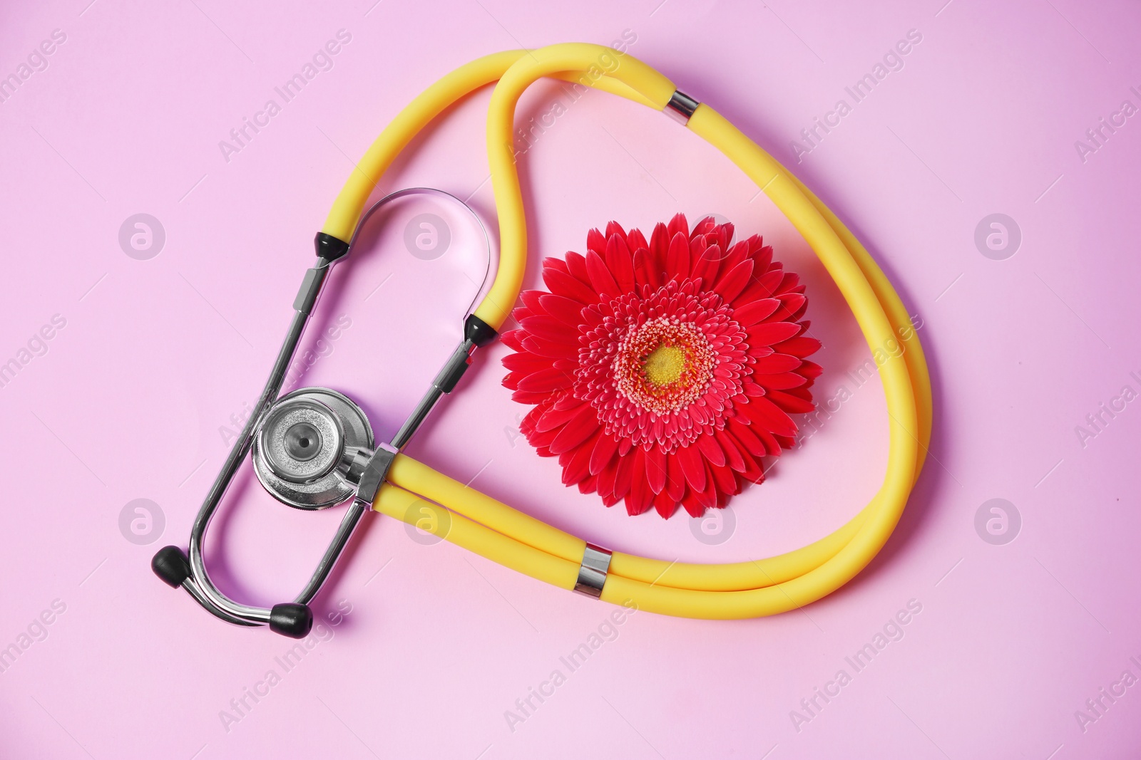 Photo of Flat lay composition with stethoscope and flower on color background. Gynecological checkup