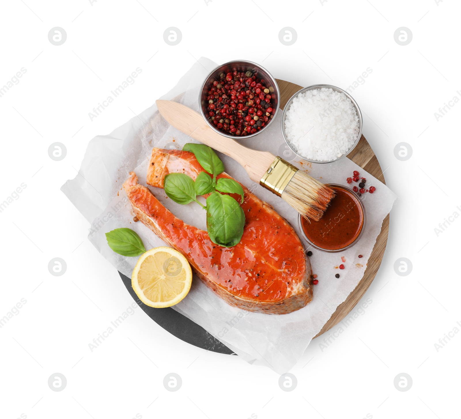 Photo of Fresh marinade, fish and other products isolated on white, top view