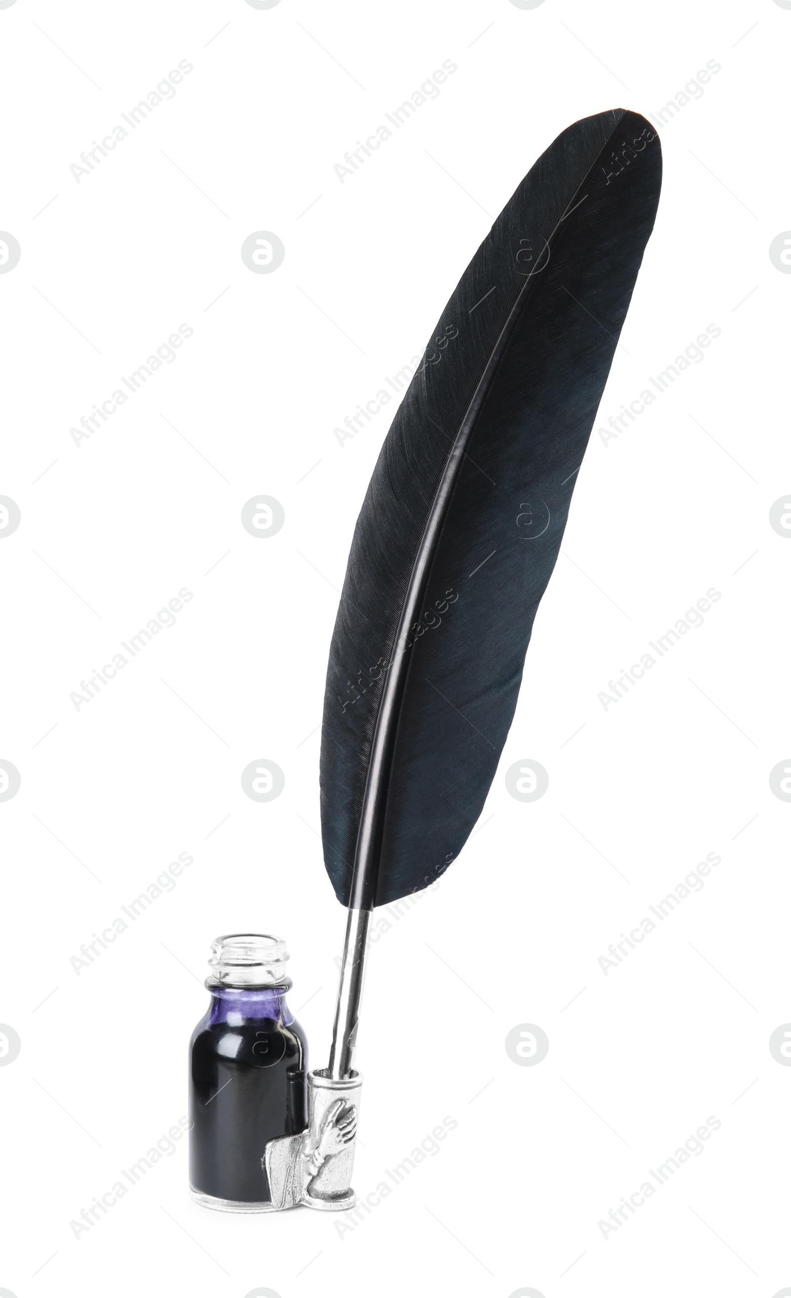 Photo of Feather pen and bottle of ink on white background