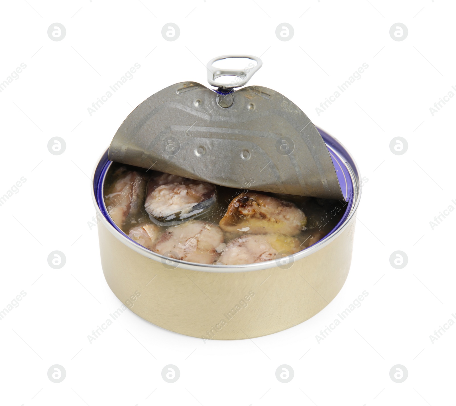 Photo of Open tin can with mackerel chunks isolated on white