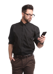 Photo of Young businessman with smartphone on white background