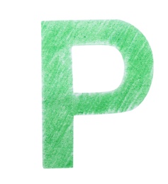 Letter P written with green pencil on white background, top view