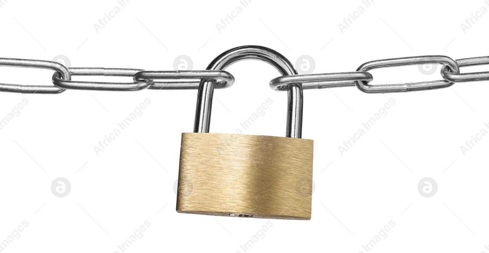 Photo of Steel padlock and chain isolated on white