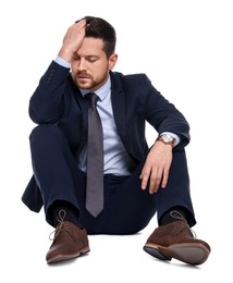 Upset bearded businessman in suit on white background