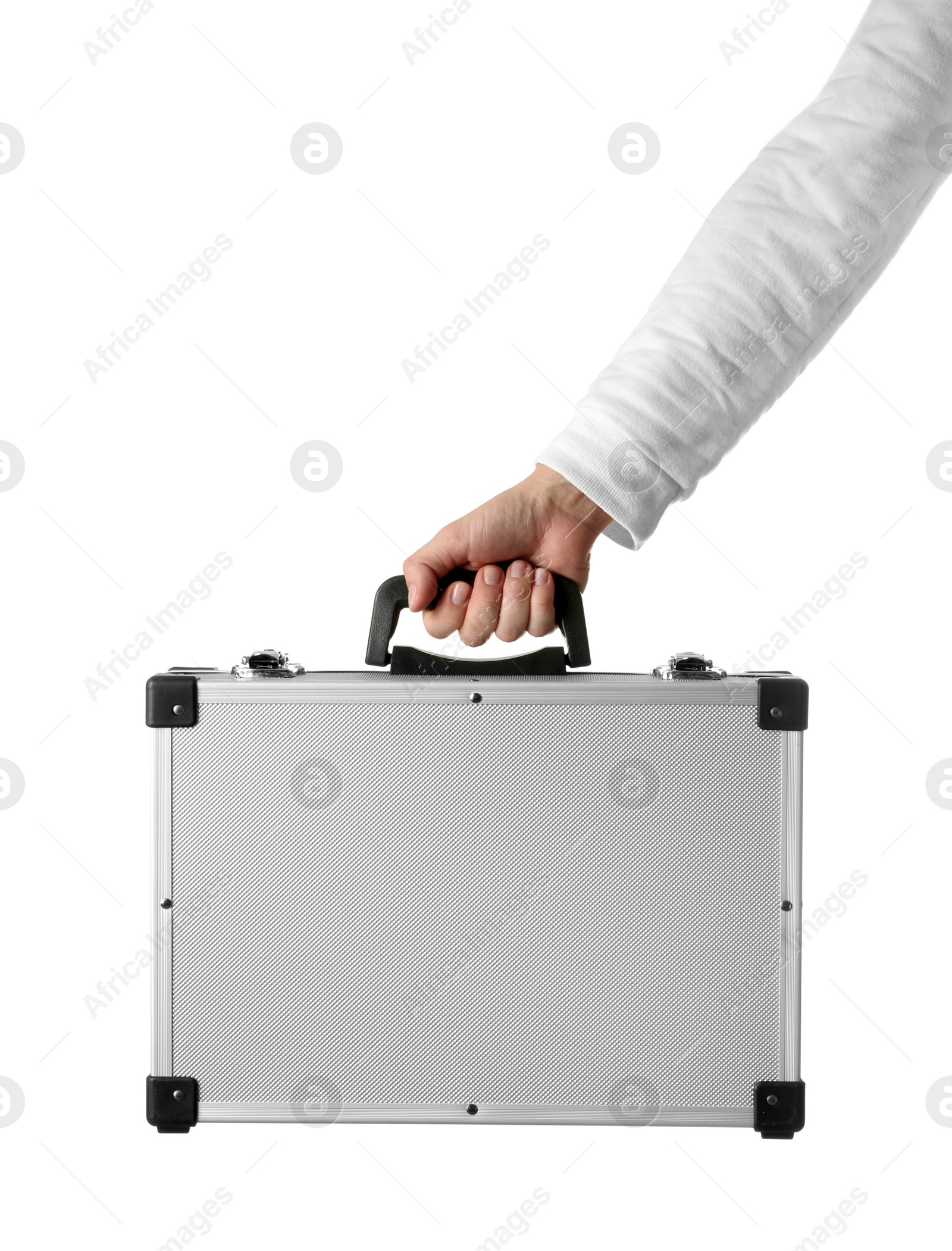 Photo of Man holding hard case isolated on white, closeup