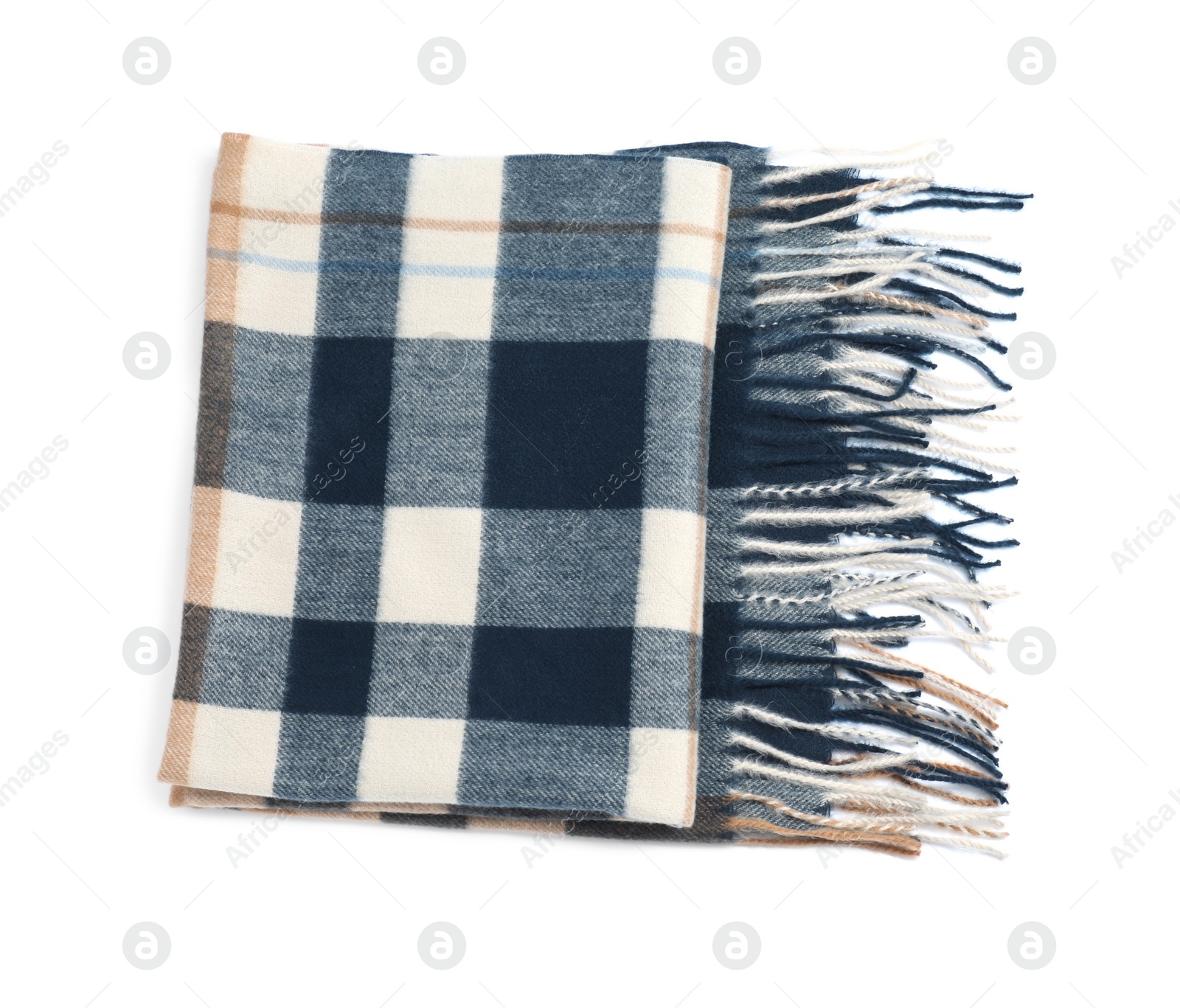 Photo of One beautiful checkered scarf on white background, top view