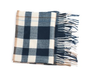 Photo of One beautiful checkered scarf on white background, top view
